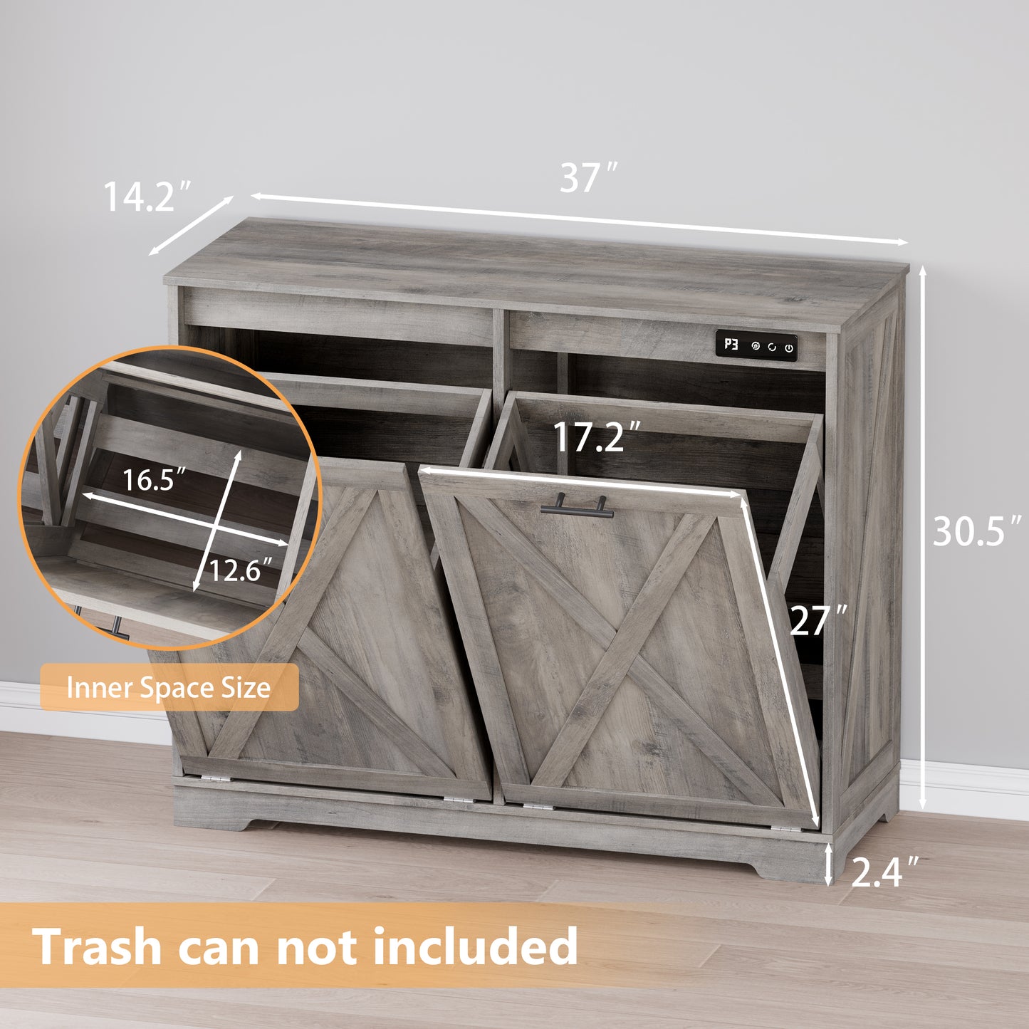 BORNOON Tilt Out Trash Can Cabinet for 2 Bins, Hidden Recycle Garbage Bin Enclosure, Wooden Double Laundry Cabinet with Odor Control, Negative Ion & Ozone, for Kitchen, Bathroom, Laundry Room