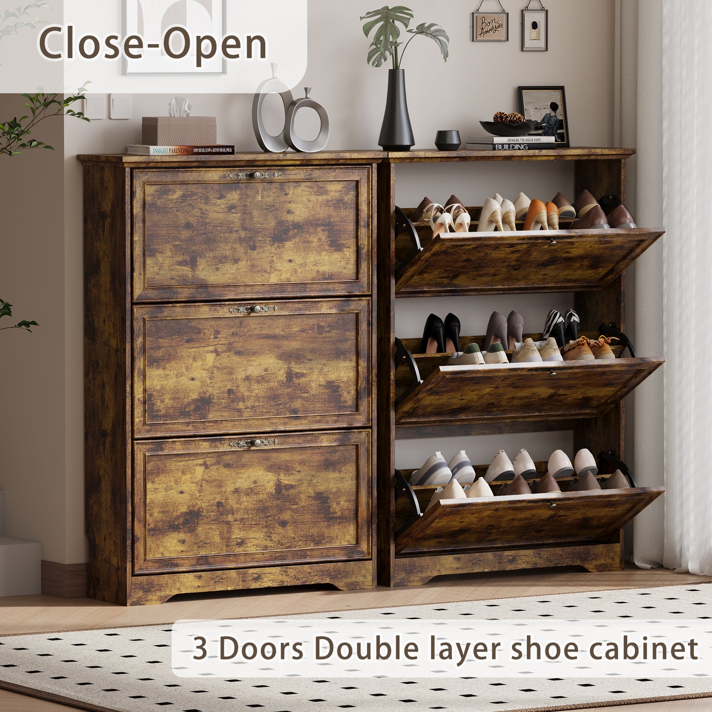 BORNOON Shoe Cabinet for Entryway, Slim Shoe Storage Cabinet with Adjustable Shelves, Wooden Rack and Organizer for Small Spaces, Closet, Foyer, Hallway