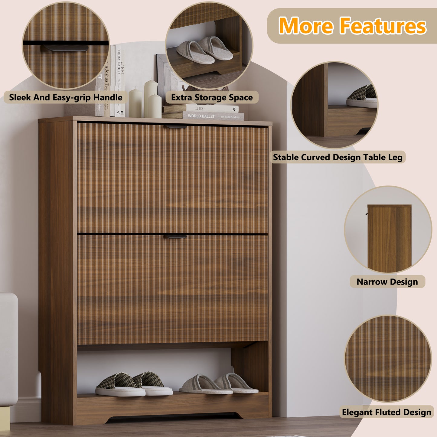 BORNOON Shoe Cabinet with 2 Flip Drawers, Fluted Shoe Storage Cabinet with Adjustable Shelves, Freestanding Rack and Organizer for Entryway, Hallway
