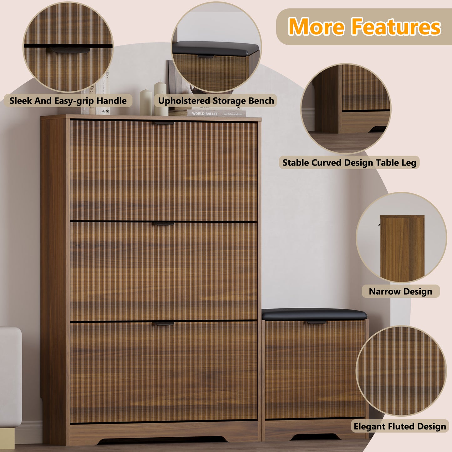 BORNOON Slim Shoe Cabinet with Bench for Entryway, Hidden Storage and Adjustable Shelves, Free Standing Wooden Shoes Organizer for Hallway, Foyer