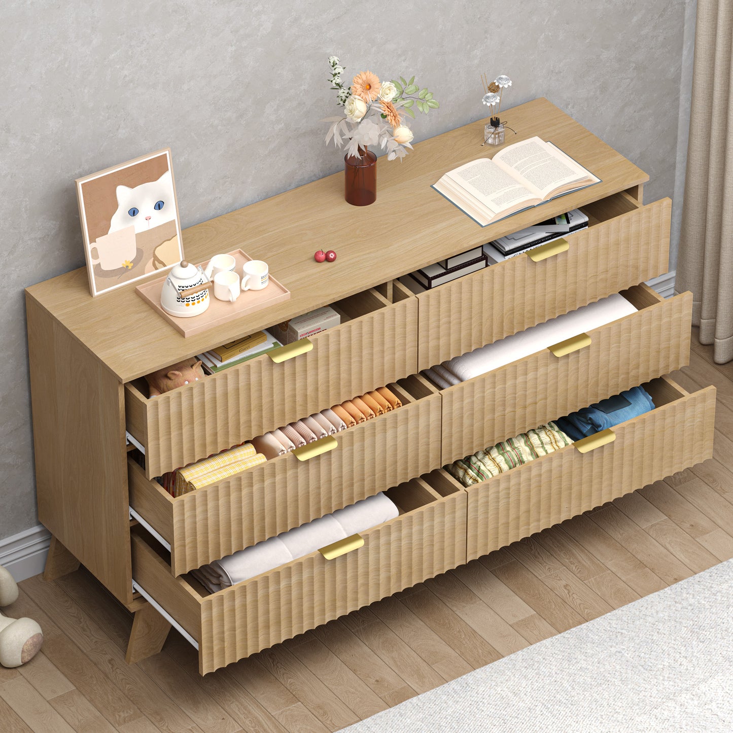 BORNOON 46" Tall Dresser for Bedroom, 6-Drawer Fluted Chest of Drawers, Modern Wood Highboy with Deep Storage, Metal Slides and Handles, Vertical Clothes Organizer for Apartment, Nursery