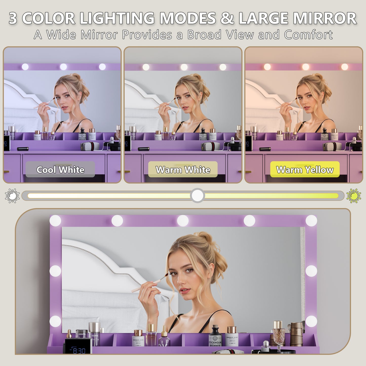 BORNOON Makeup Vanity with Large Lighted Mirror and Chair, 7 Drawers Vanity Makeup Desk Table with Power Strip, Adjustable Lighting, and Cushioned Storage Stool for Women, Girls