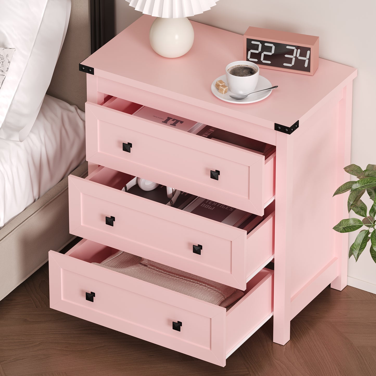 BORNOON 3-Drawer Night Stand, Modern Bedside Table Dresser with Metal Handles, Sturdy Wooden End Side Table Storage Cabinet with Anti-Tipping Design for Bedroom