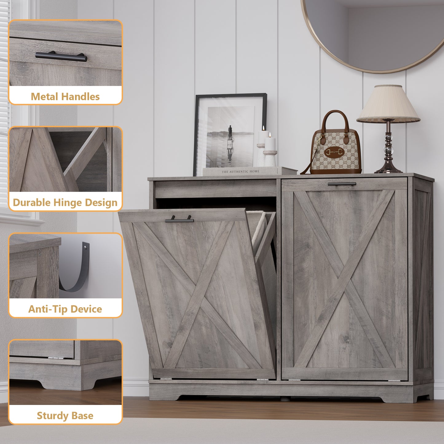 BORNOON Tilt Out Trash Can Cabinet for 2 Bins, Hidden Recycle Garbage Bin Enclosure, Wooden Double Laundry Cabinet with Odor Control, Negative Ion & Ozone, for Kitchen, Bathroom, Laundry Room