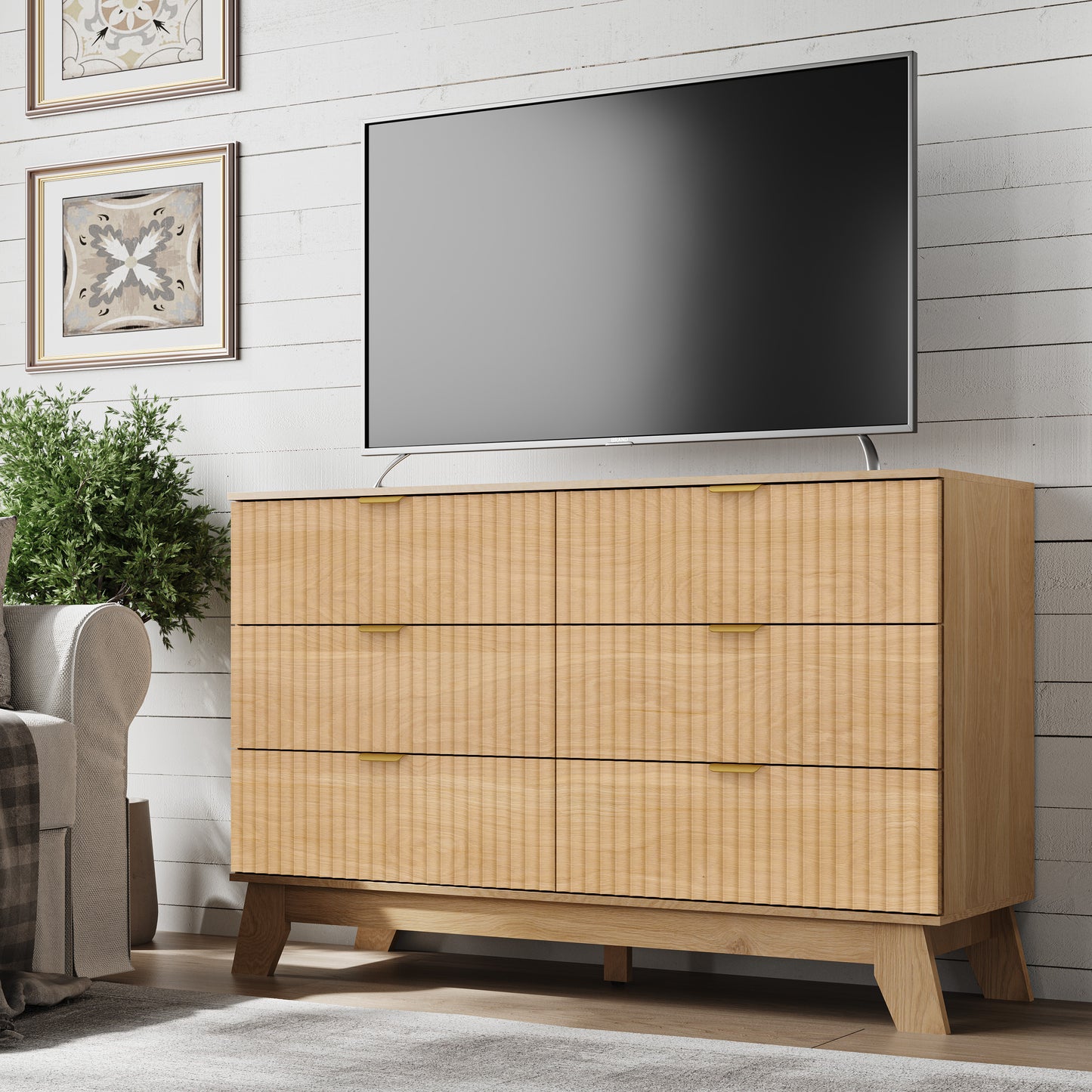 BORNOON Fluted 6 Drawer Dresser, 47.2" Wide Modern Boho Chest of Drawers, Wooden Storage Dresser TV Stand for Bedroom, Living Room, Closet, Hallway, Curved Profile Design