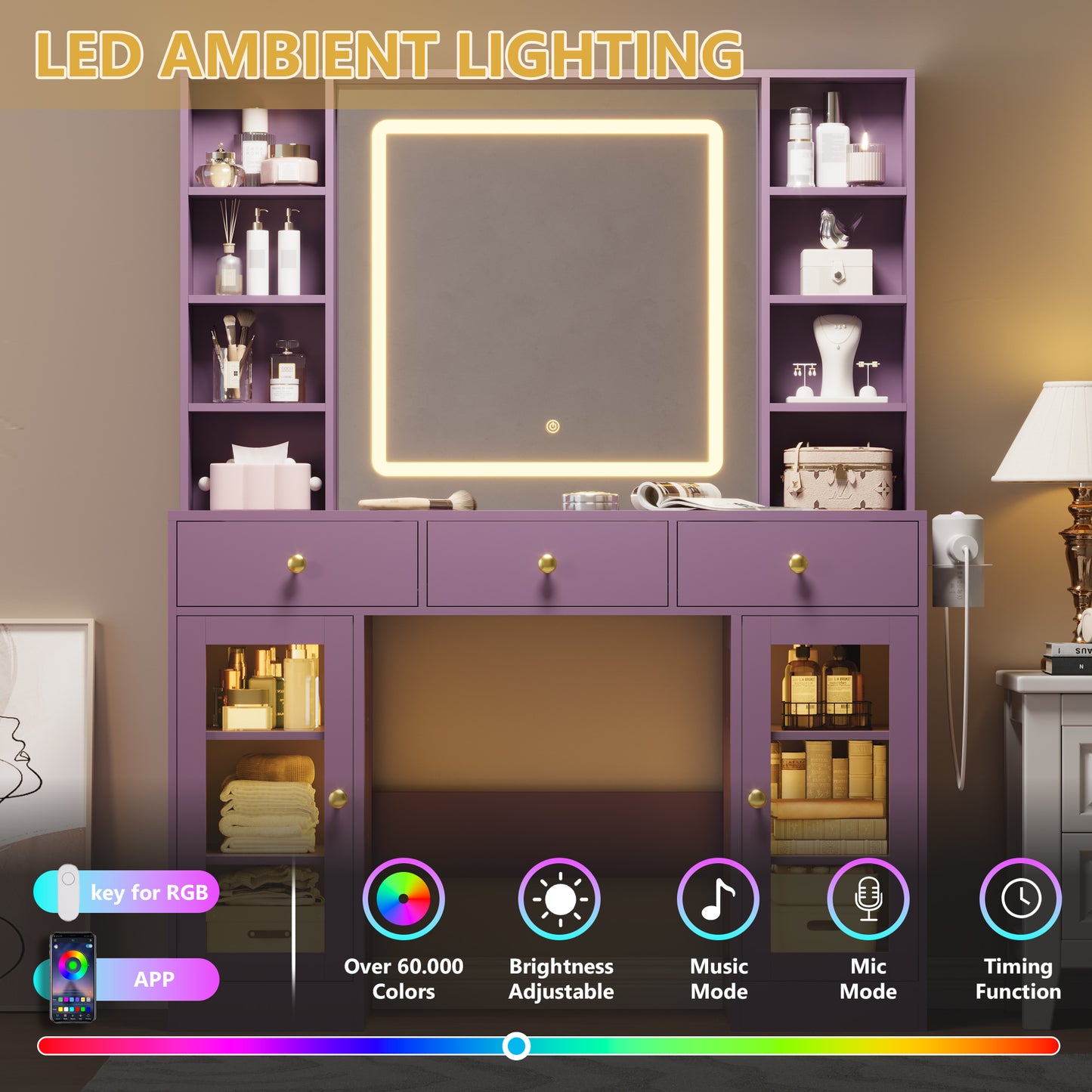 BORNOON Vanity Desk with Mirror and Lights, Purple Makeup Vanity with Glass Top & Drawers, 3 Lighting Modes, Power Outlet, RGB Glass Cabinets, Modern Dressing Table for Girls, Women, Teens