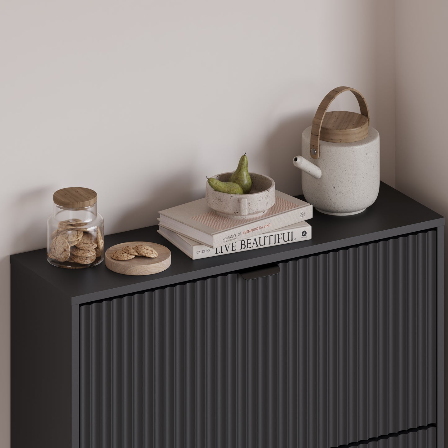 BORNOON Entryway Shoe Cabinet with 3 Flip Drawers, Narrow Shoe Organizer Cabinet with Fluted Panel and Adjustable Shelves for Foyer, Hallway