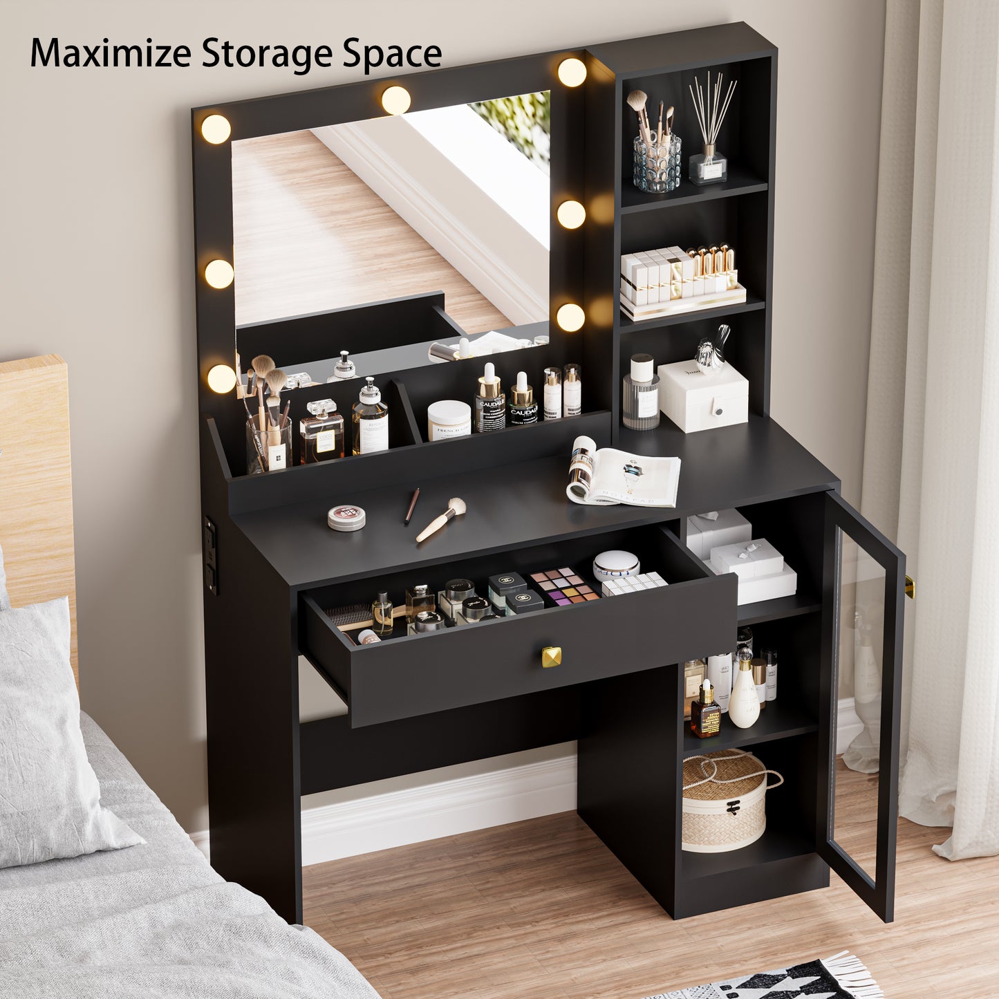 BORNOON Small Vanity Desk with Mirror and Lights, Makeup Vanity Desk with Adjustable Brightness 3 Light Modes, RGB Storage Cabinet, Power Outlet, Drawer, Shelves, Vanity Table for Women Girls Bedroom