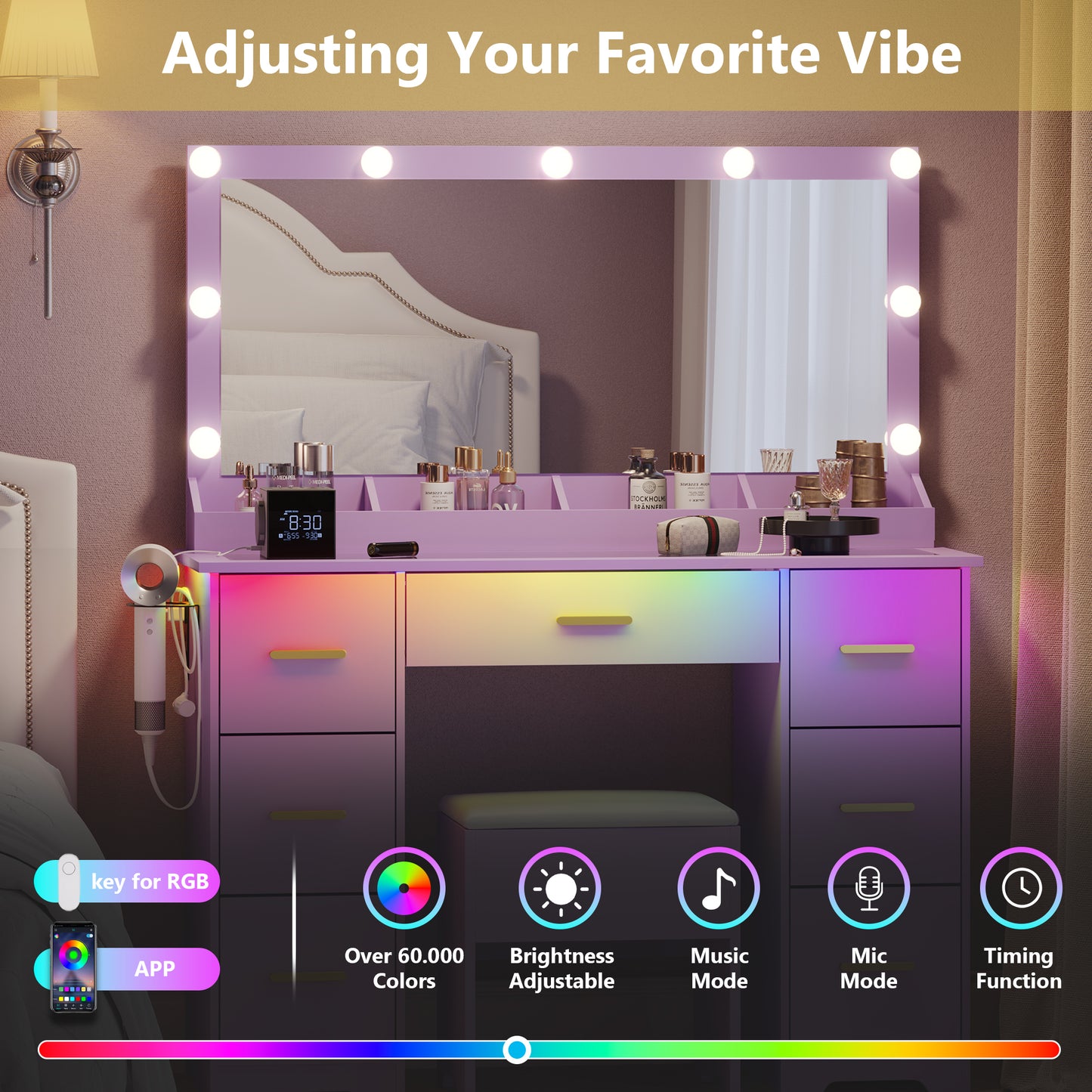 BORNOON Makeup Vanity with Large Lighted Mirror and Chair, 7 Drawers Vanity Makeup Desk Table with Power Strip, Adjustable Lighting, and Cushioned Storage Stool for Women, Girls