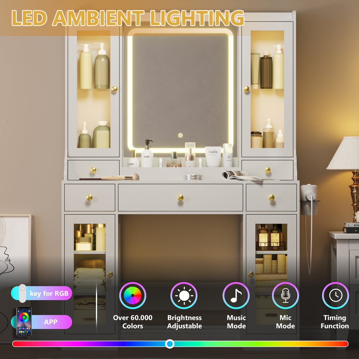 BORNOON Vanity Desk with Mirror and Lights, White Makeup Vanity with Glass Top & Drawers, 3 Lighting Modes, Power Outlet, RGB Glass Cabinets, Modern Dressing Table for Girls, Women, Teens