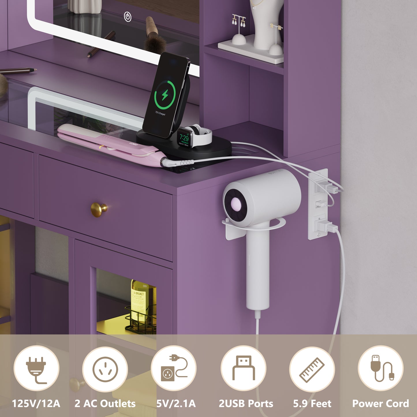 BORNOON Vanity Desk with Mirror and Lights, Purple Makeup Vanity with Glass Top & Drawers, 3 Lighting Modes, Power Outlet, RGB Glass Cabinets, Modern Dressing Table for Girls, Women, Teens