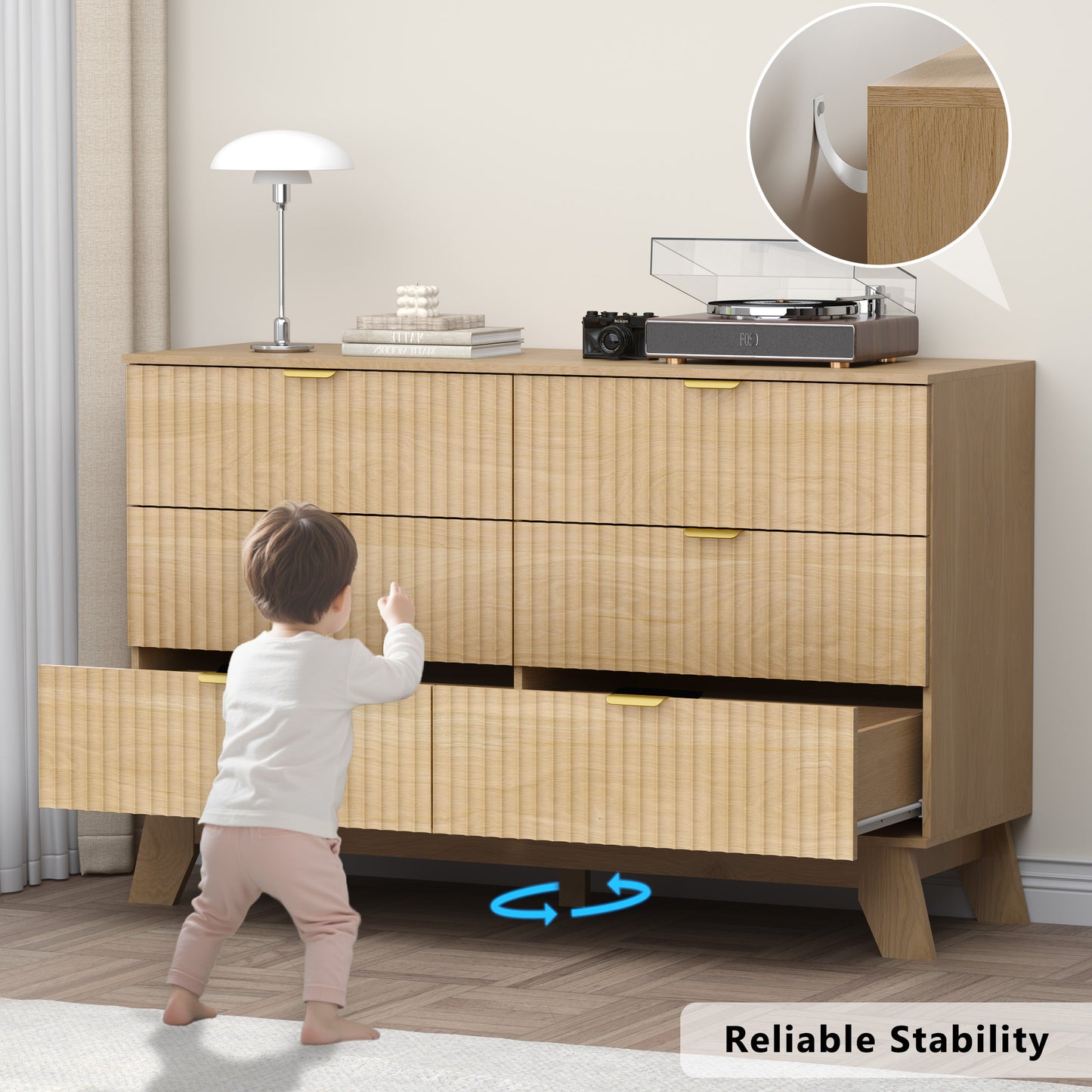 BORNOON 46" Tall Dresser for Bedroom, 6-Drawer Fluted Chest of Drawers, Modern Wood Highboy with Deep Storage, Metal Slides and Handles, Vertical Clothes Organizer for Apartment, Nursery