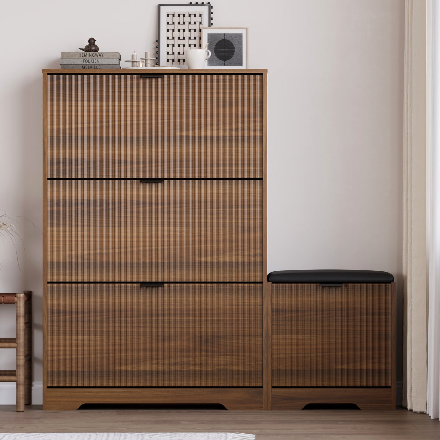 BORNOON Slim Shoe Cabinet with Bench for Entryway, Hidden Storage and Adjustable Shelves, Free Standing Wooden Shoes Organizer for Hallway, Foyer