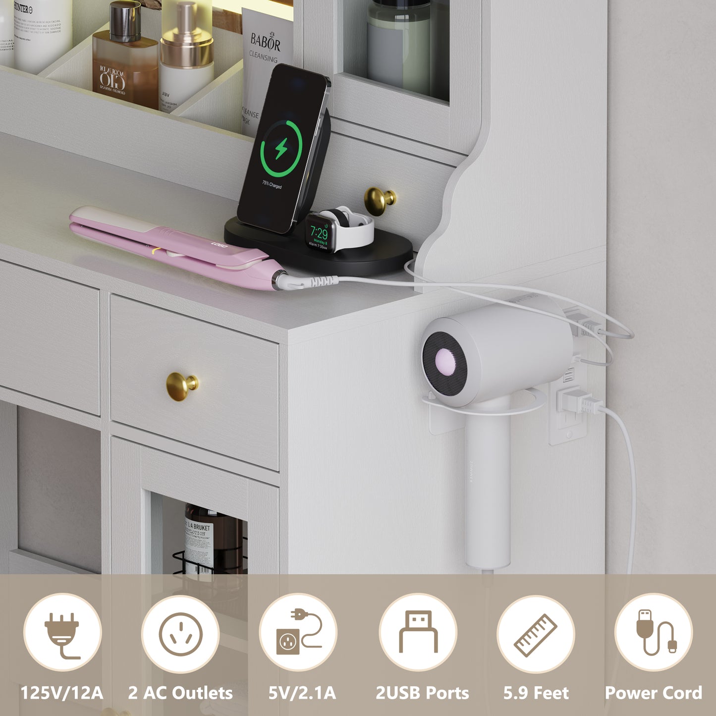 BORNOON Vanity Desk with Mirror and Lights, White Makeup Vanity with Glass Top & Drawers, 3 Lighting Modes, Power Outlet, RGB Glass Cabinets, Modern Dressing Table for Girls, Women, Teens