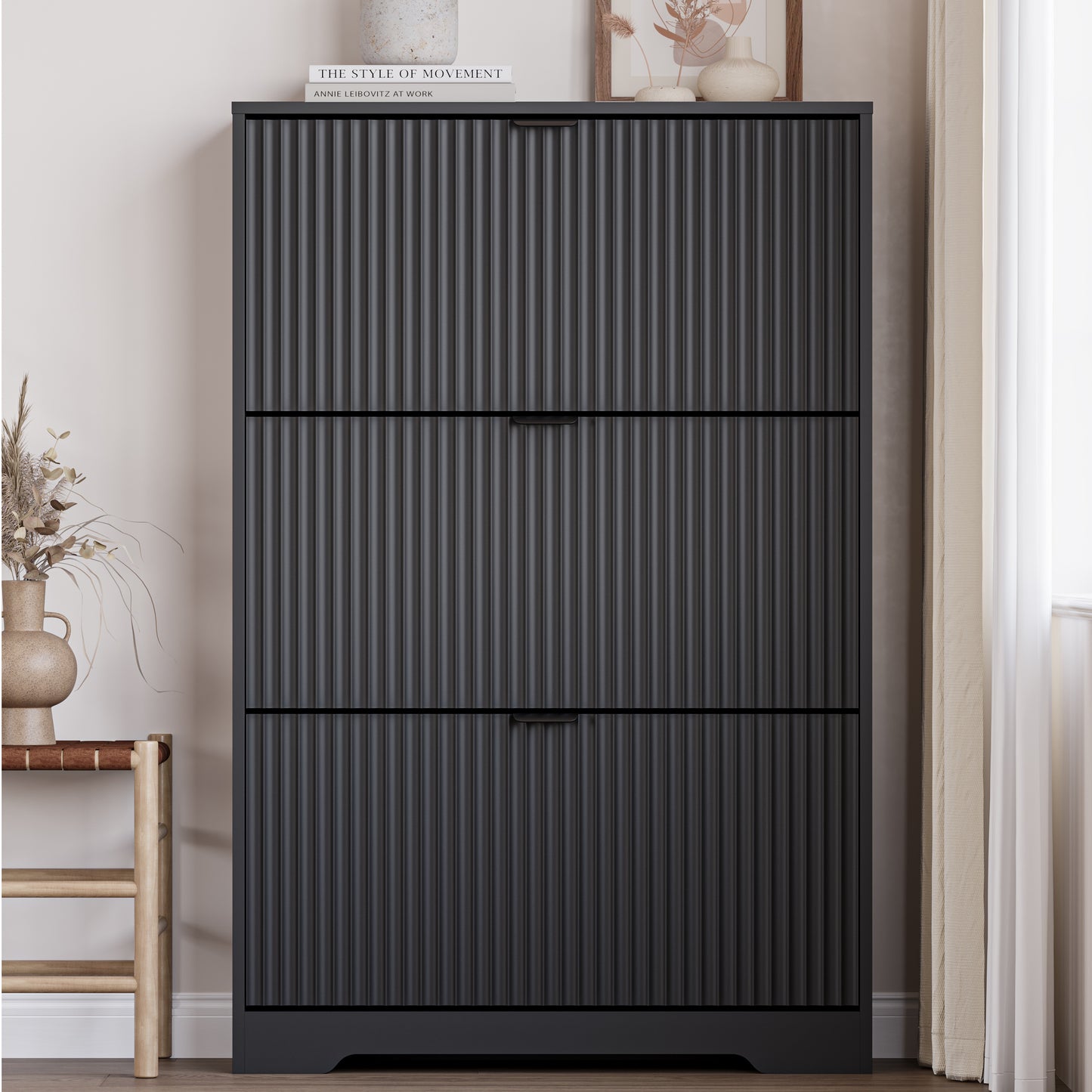 BORNOON Entryway Shoe Cabinet with 3 Flip Drawers, Narrow Shoe Organizer Cabinet with Fluted Panel and Adjustable Shelves for Foyer, Hallway