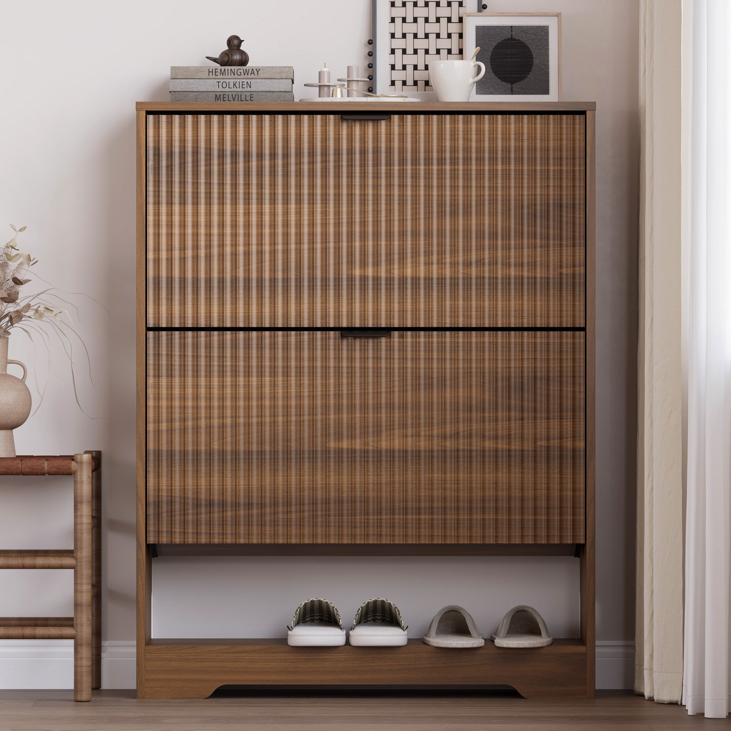 BORNOON Shoe Cabinet with 2 Flip Drawers, Fluted Shoe Storage Cabinet with Adjustable Shelves, Freestanding Rack and Organizer for Entryway, Hallway