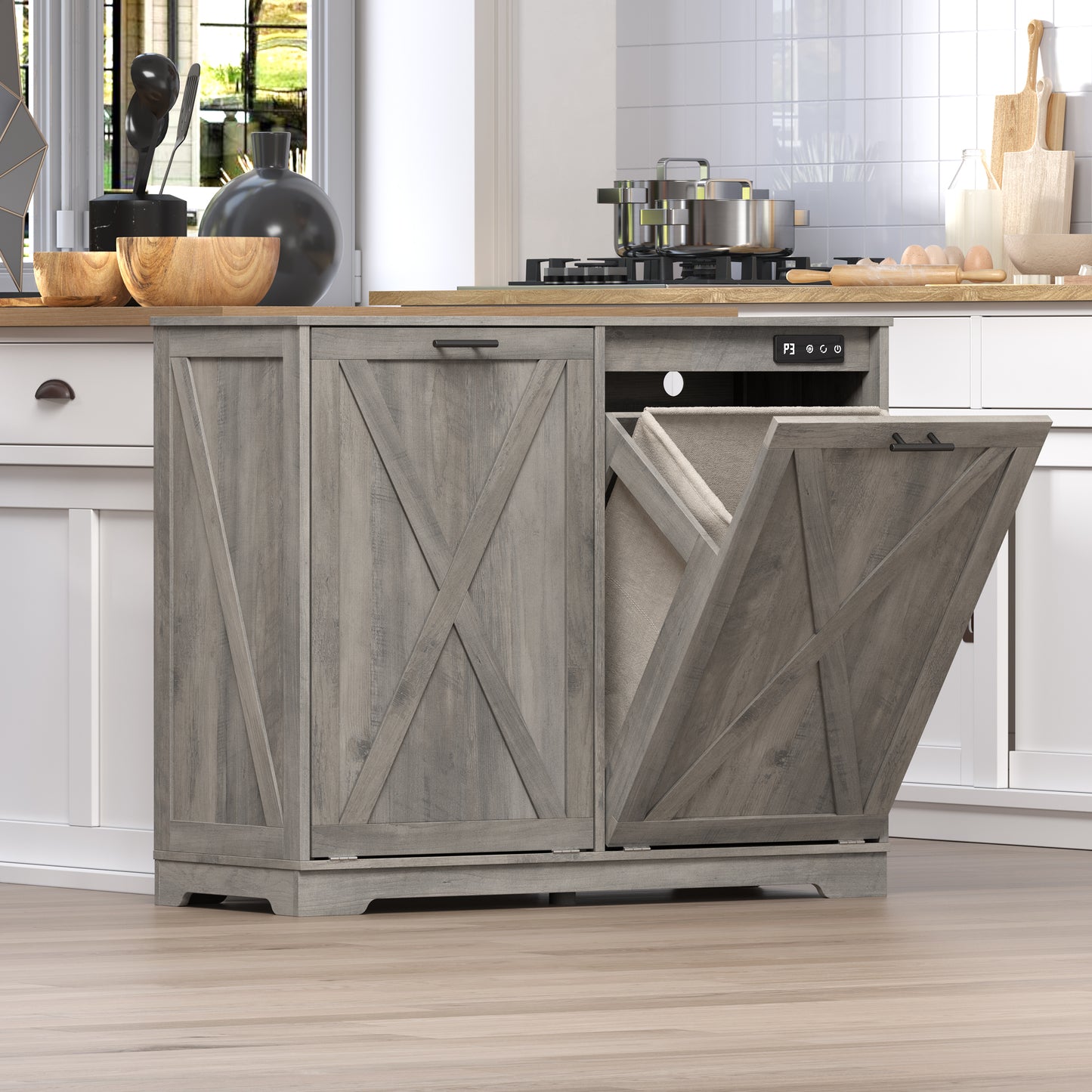 BORNOON Tilt Out Trash Can Cabinet for 2 Bins, Hidden Recycle Garbage Bin Enclosure, Wooden Double Laundry Cabinet with Odor Control, Negative Ion & Ozone, for Kitchen, Bathroom, Laundry Room