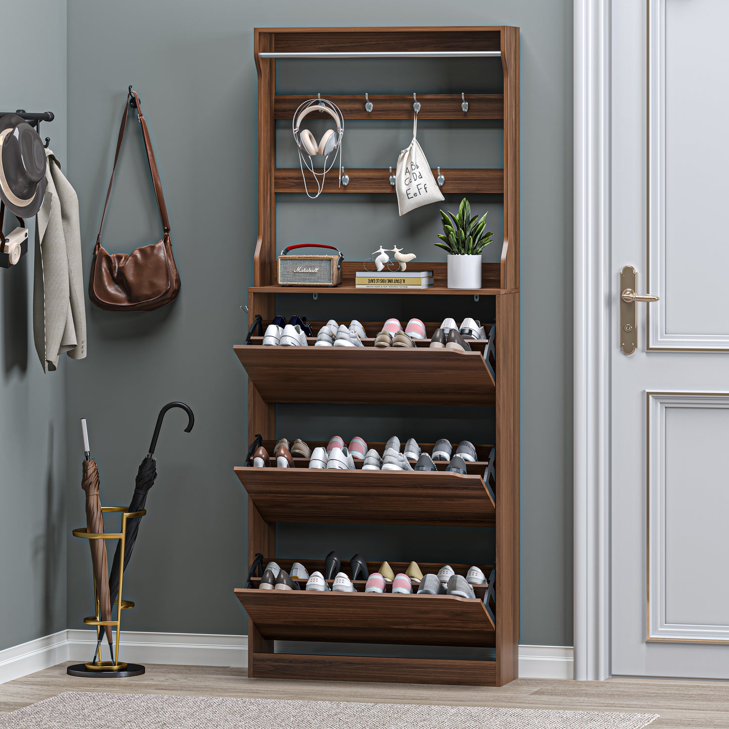 BORNOON Shoe Cabinet with 3 Flip Drawers & Coat Rack, Narrow Hidden Shoe Storage Cabinet, 2-in-1 Hall Tree Slim Freestanding Shoe Rack Organizer for Entryway, Hallway, and Living Room