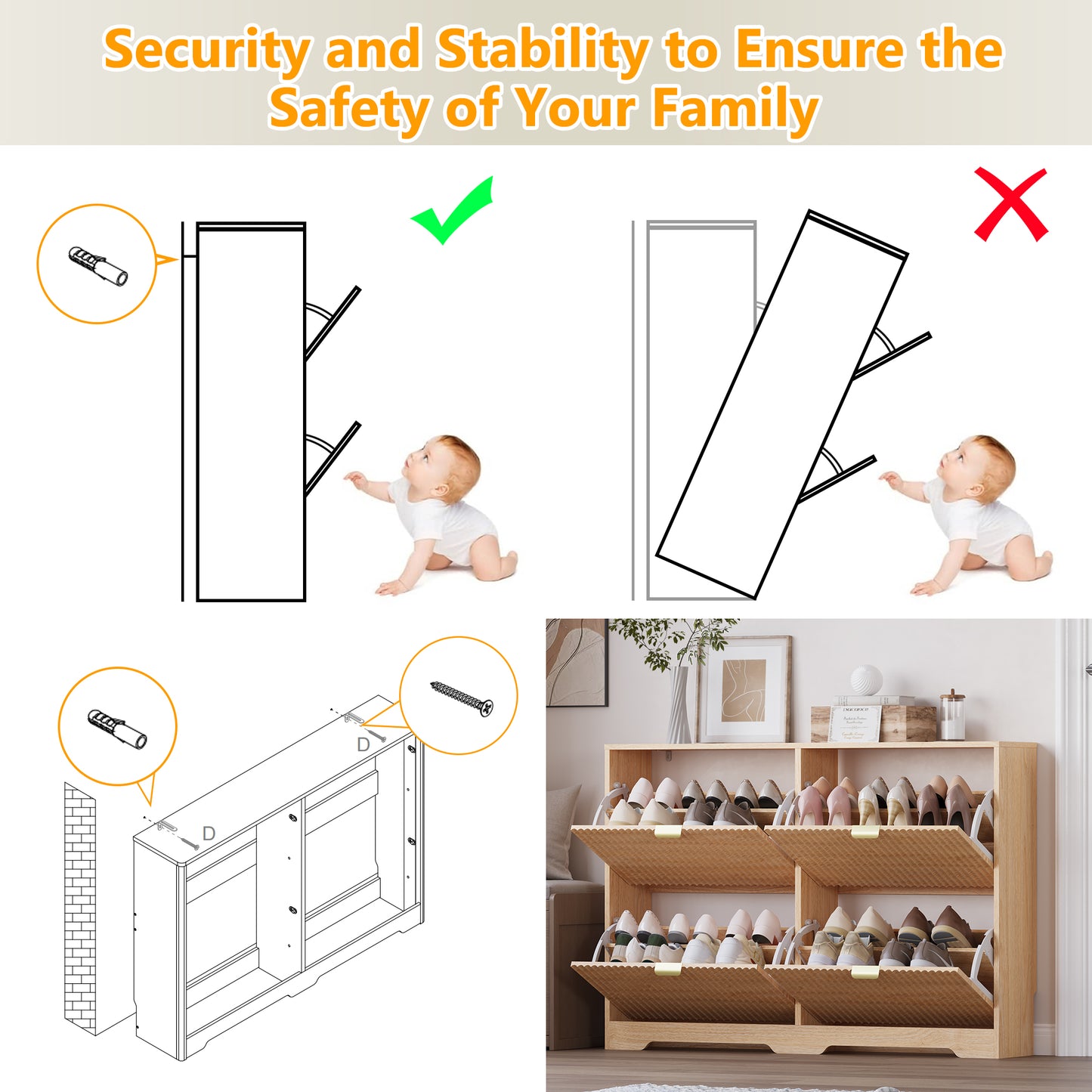 BORNOON Large Shoe Cabinet for Entryway, Shoe Rack Cabinet with 4 Flip Drawer and Adjustable Shelves for Small Apartment, Foyer