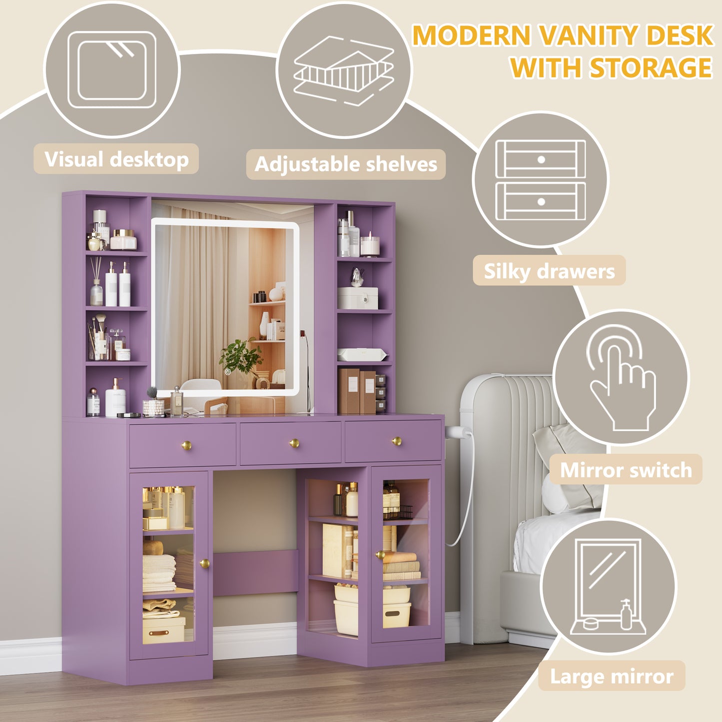 BORNOON Vanity Desk with Mirror and Lights, Purple Makeup Vanity with Glass Top & Drawers, 3 Lighting Modes, Power Outlet, RGB Glass Cabinets, Modern Dressing Table for Girls, Women, Teens