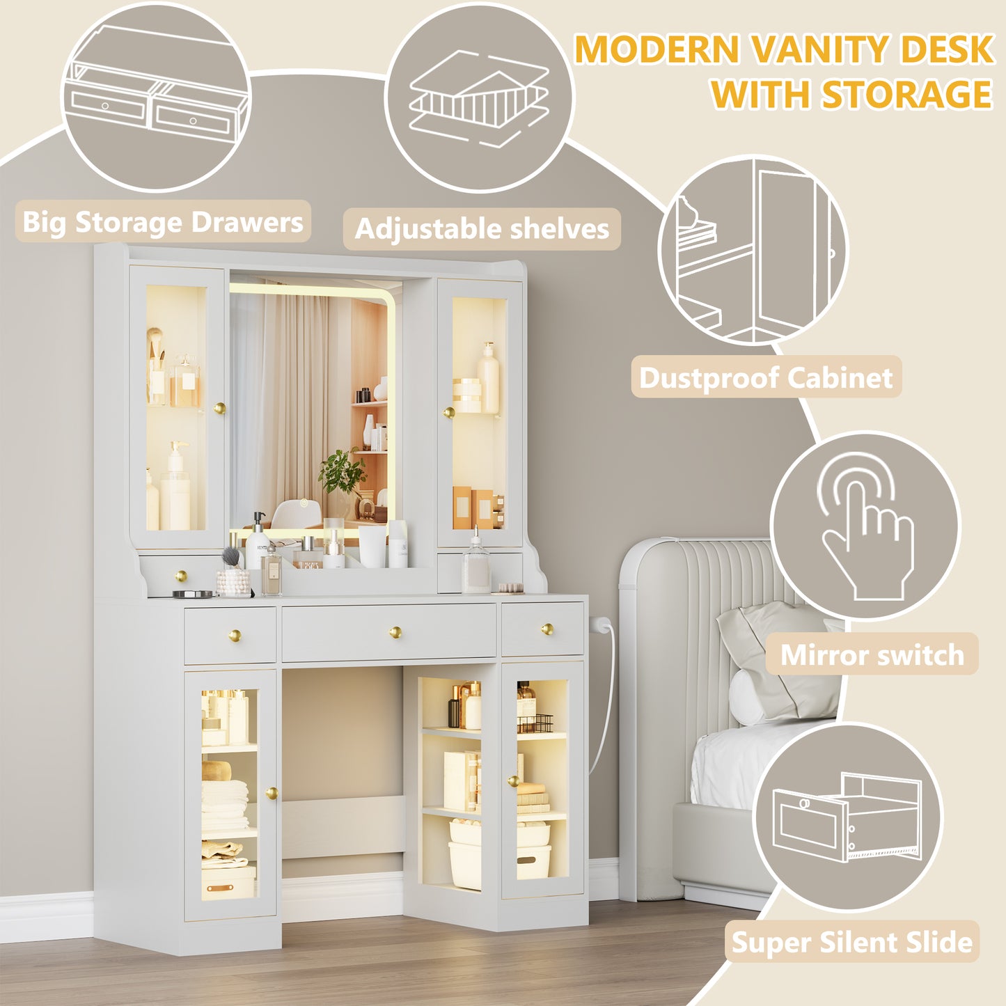 BORNOON Vanity Desk with Mirror and Lights, White Makeup Vanity with Glass Top & Drawers, 3 Lighting Modes, Power Outlet, RGB Glass Cabinets, Modern Dressing Table for Girls, Women, Teens