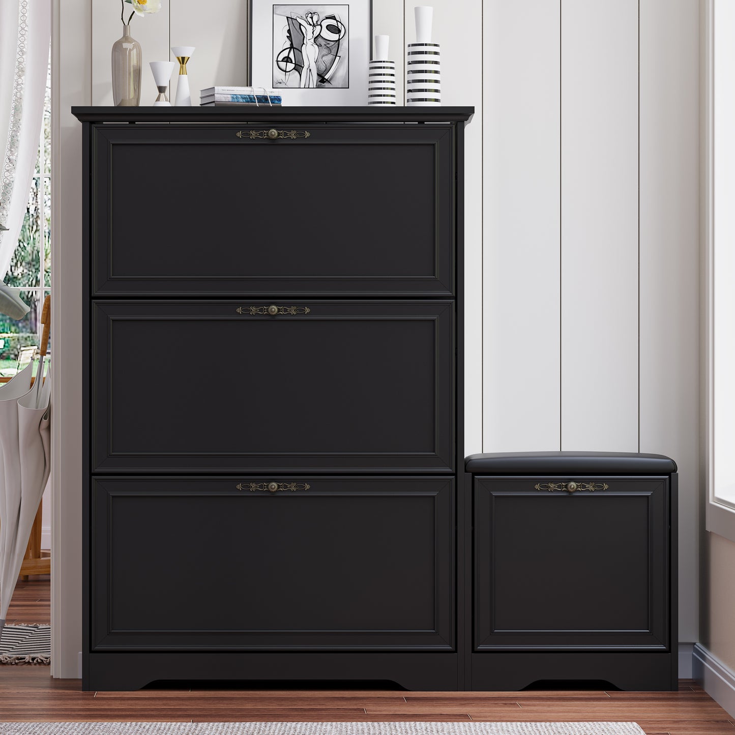 BORNOON Shoe Cabinet for Entryway, Slim Shoe Storage Cabinet with Adjustable Shelves, Wooden Rack and Organizer for Small Spaces, Closet, Foyer, Hallway