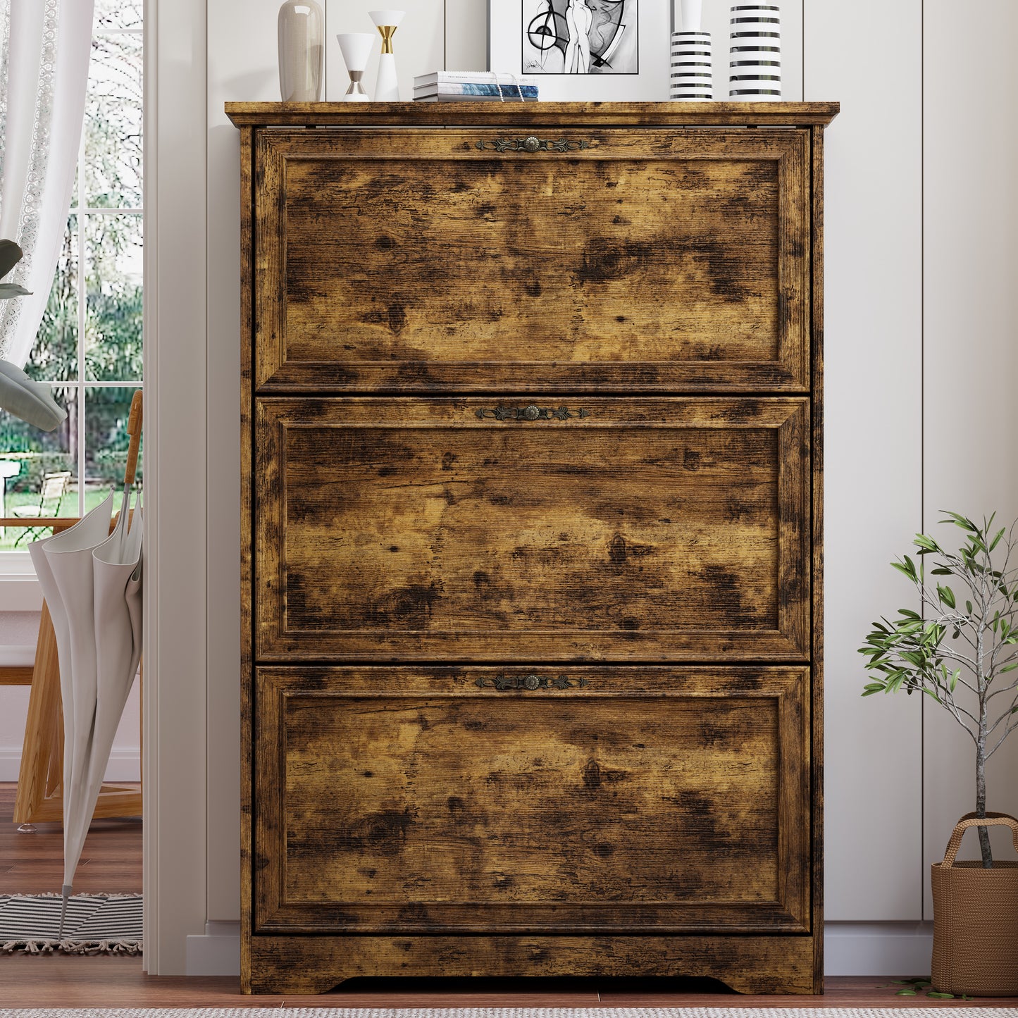 BORNOON Shoe Cabinet for Entryway, Slim Shoe Storage Cabinet with Adjustable Shelves, Wooden Rack and Organizer for Small Spaces, Closet, Foyer, Hallway