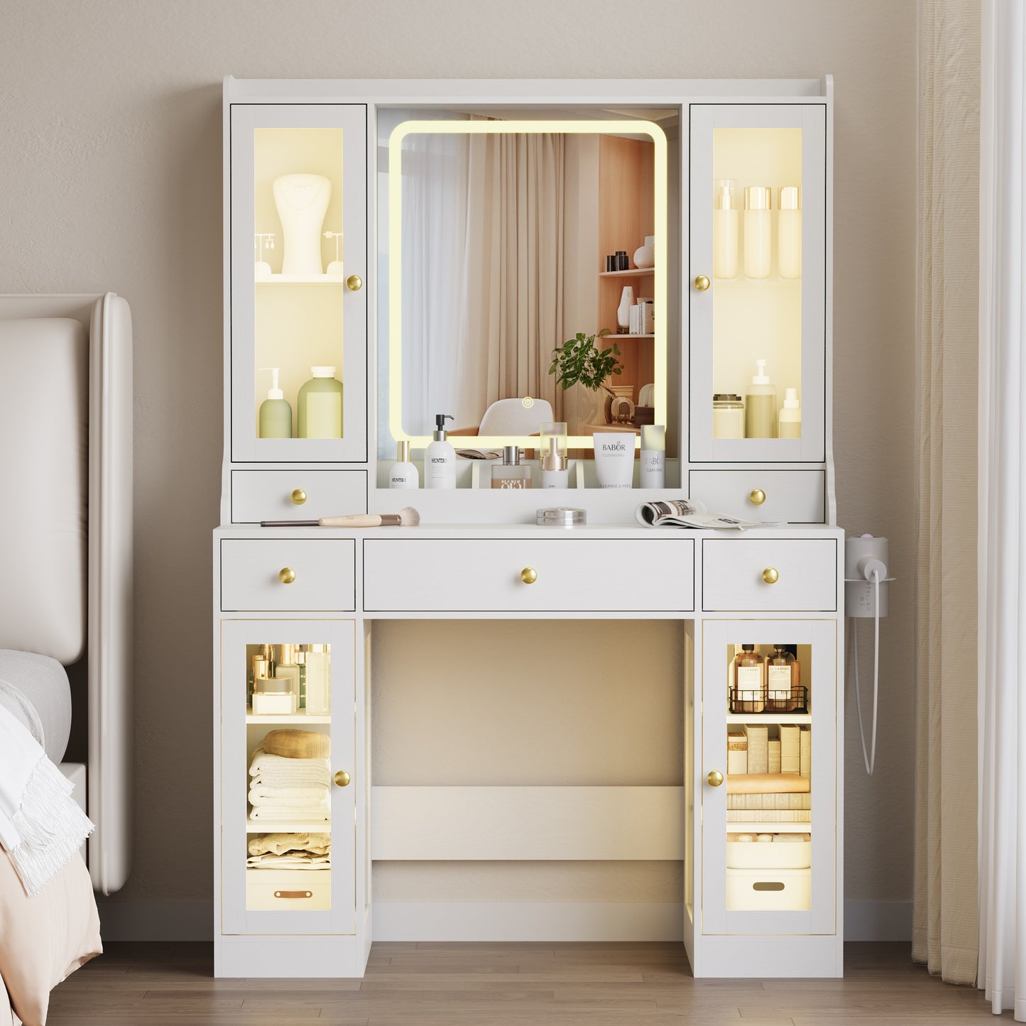 BORNOON Vanity Desk with Mirror and Lights, White Makeup Vanity with Glass Top & Drawers, 3 Lighting Modes, Power Outlet, RGB Glass Cabinets, Modern Dressing Table for Girls, Women, Teens