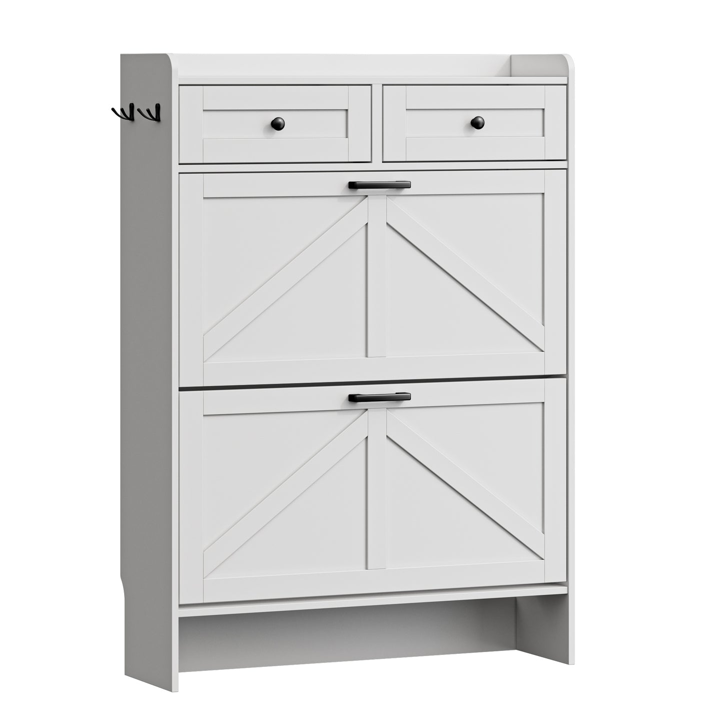 BORNOON Shoe Storage Cabinet for Entryway, Farmhouse Narrow Shoe Cabinet with 2 Flip Drawers & Top Drawers, Adjustable Shelves & Hooks, Freestanding Hidden Rack Organizer for Hallway, Foyer