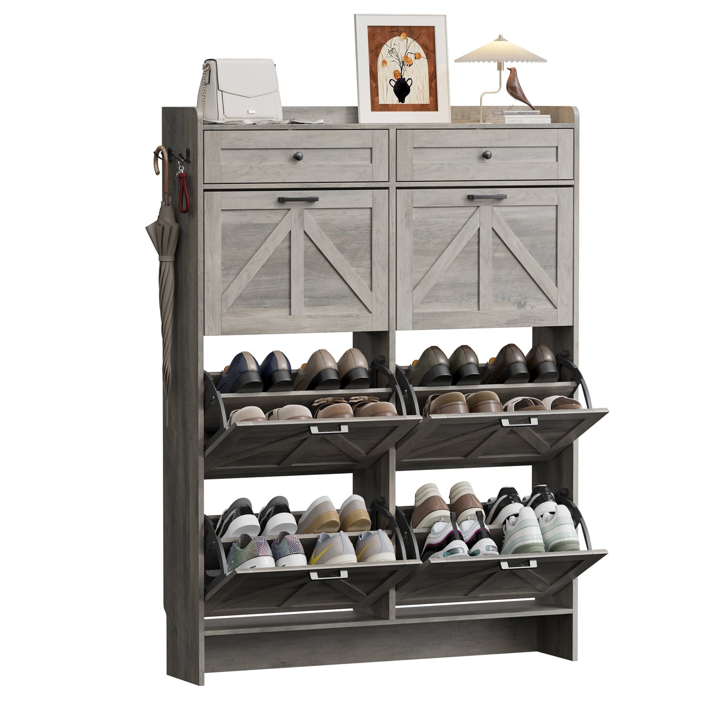 BORNOON Shoe Cabinet for Entryway, Farmhouse Shoe Storage Cabinet with 6 Flip Drawers and 2 Top Drawers, Tall Narrow Shoe Organizer Cabinet with Adjustable Shelves, Side Hooks and Anti-Tip Kit
