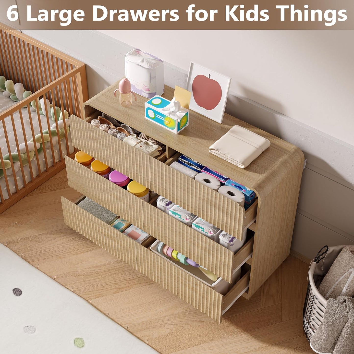 BORNOON Dresser for Bedroom with 6 Drawers, Fluted Chest of Drawers with Round Curved Corner, Hidden Handles, Modern Wood Storage Organizer for Bedroom, Nursery, Living Room