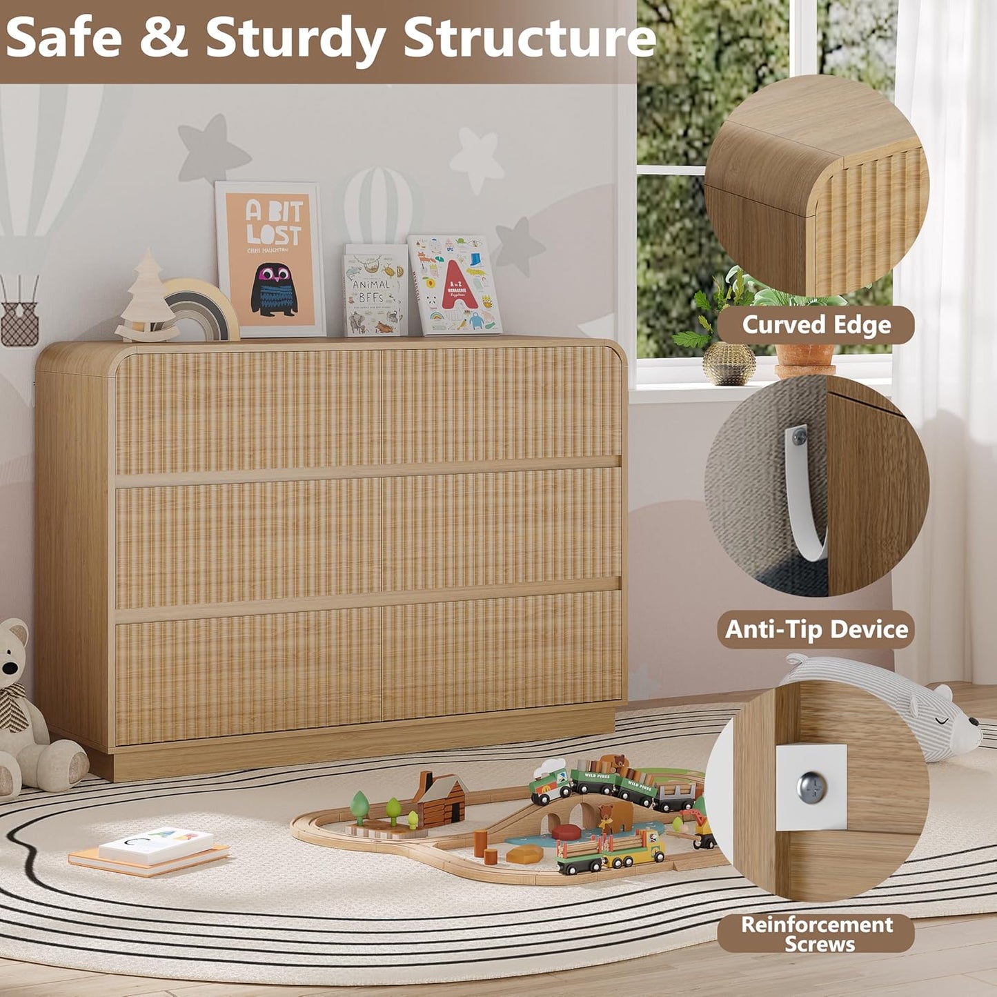BORNOON Dresser for Bedroom with 6 Drawers, Fluted Chest of Drawers with Round Curved Corner, Hidden Handles, Modern Wood Storage Organizer for Bedroom, Nursery, Living Room