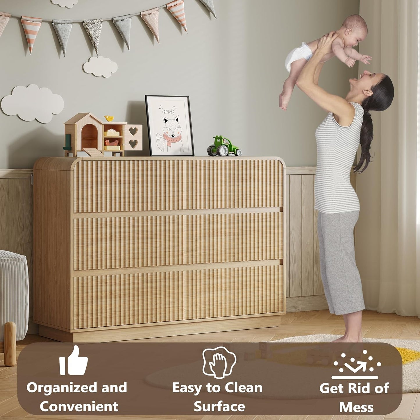 BORNOON Dresser for Bedroom with 6 Drawers, Fluted Chest of Drawers with Round Curved Corner, Hidden Handles, Modern Wood Storage Organizer for Bedroom, Nursery, Living Room