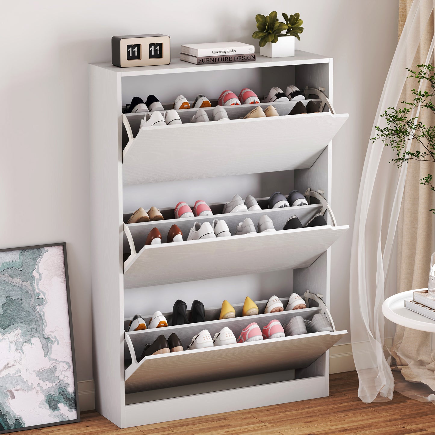 BORNOON Shoe Cabinet with 3 Flip Drawers, Slim Narrow Shoe Storage Cabinet, Freestanding Shoe Organizer with Adjustable & Removable Shelves, Top Display Shelf for Entryway, Hallway, Foyer, Closet