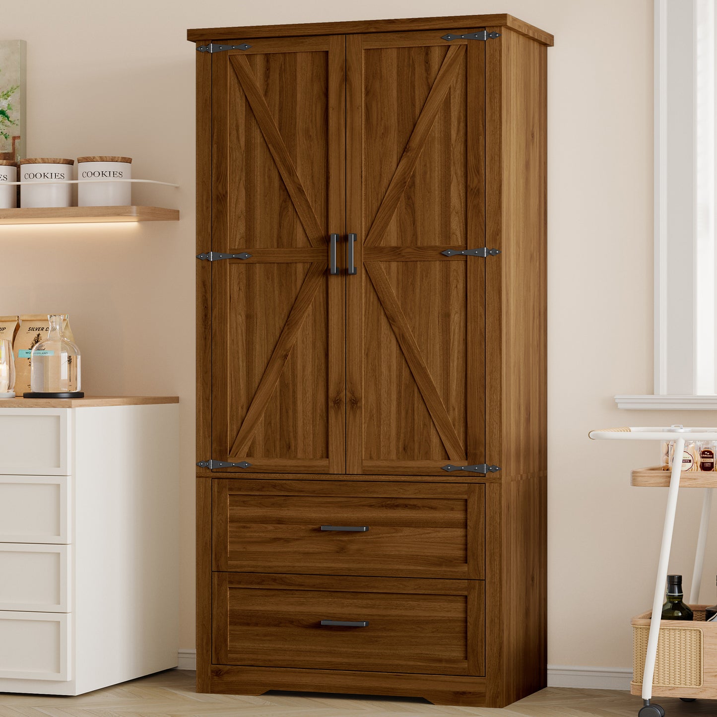 BORNOON Pantry Organizers and Storage Cabinet, 71” Barn Door White Kitchen Cabinet with Drawers and Adjustable Shelf, Tall Pantry for Kitchen, Dining Room, Living Room. Bathroom and Office