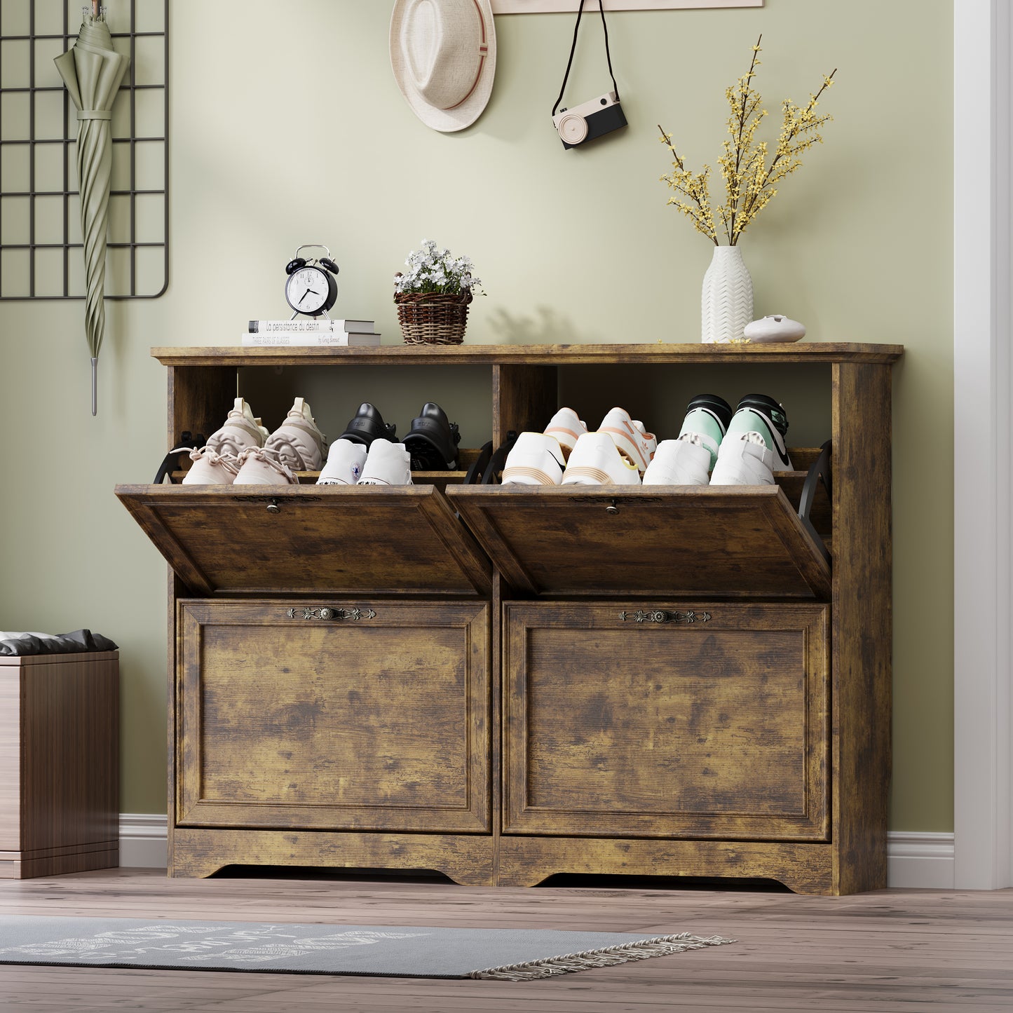 BORNOON Large Shoe Cabinet for Entryway, 4 Flip Drawer Organizer with Adjustable Shelves, Wooden Slim Shoe Storage Cabinet and Rack for Closet, Hallway, Foyer