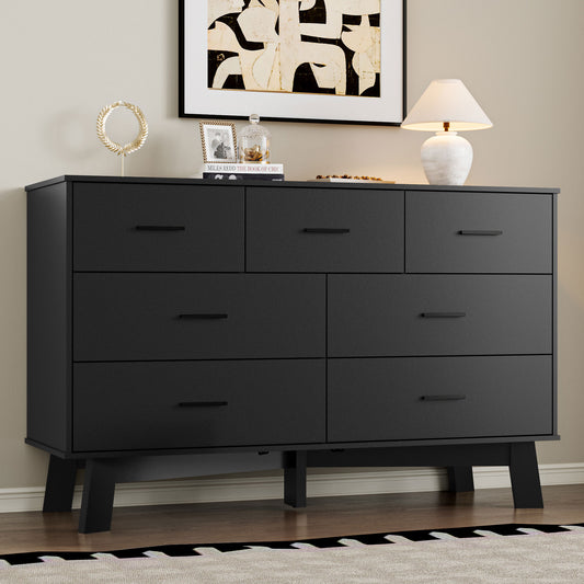 BORNOON Dresser for Bedroom with 7-Drawer, 47.2" Wide Modern Chest of Drawers with Metal Handles, X-Shape Base & Adjustable Center Leg, Anti-Tip Closet Organizers and Storage