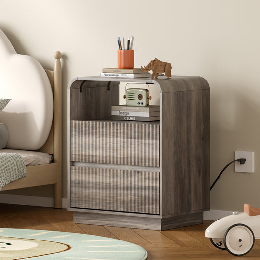 BORNOON Dresser with 2 Drawers and Charging Station, Fluted Bedside Table with Round Curved Corner, Hidden Handles, 2 AC Outlets and 2 USB Ports, Modern Wood End Table with Open Shelf for Bedroom