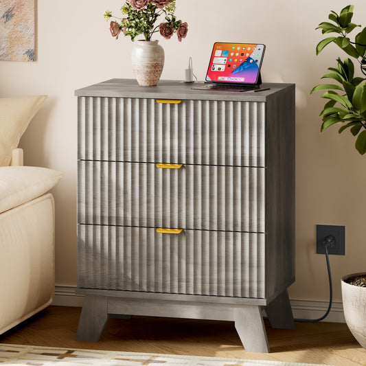 BORNOON Fluted Night Stand with 3 Drawers, Rounded Edge Bedside Table Dresser with Gold Handles, End Side Table Storage Cabinet for Bedroom