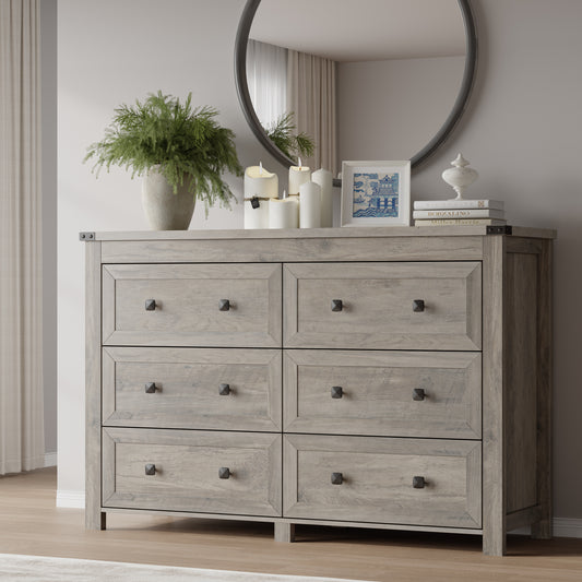 BORNOON 6-Drawer Dresser, Modern Wooden Storage Chest of Drawers, Dresser TV Stand, Wood Drawer Organizer with Metal Handles for Bedroom, Living Room, Hallway