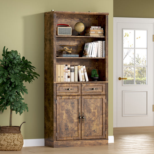 BORNOON 70.1" Tall Bookshelf with Drawers & Cabinet, 5-Tier Floor Standing Bookcase with Storage Doors, Adjustable Shelves & Metal Handles, 31.5" Wide Organizer for Home Office, Living Room