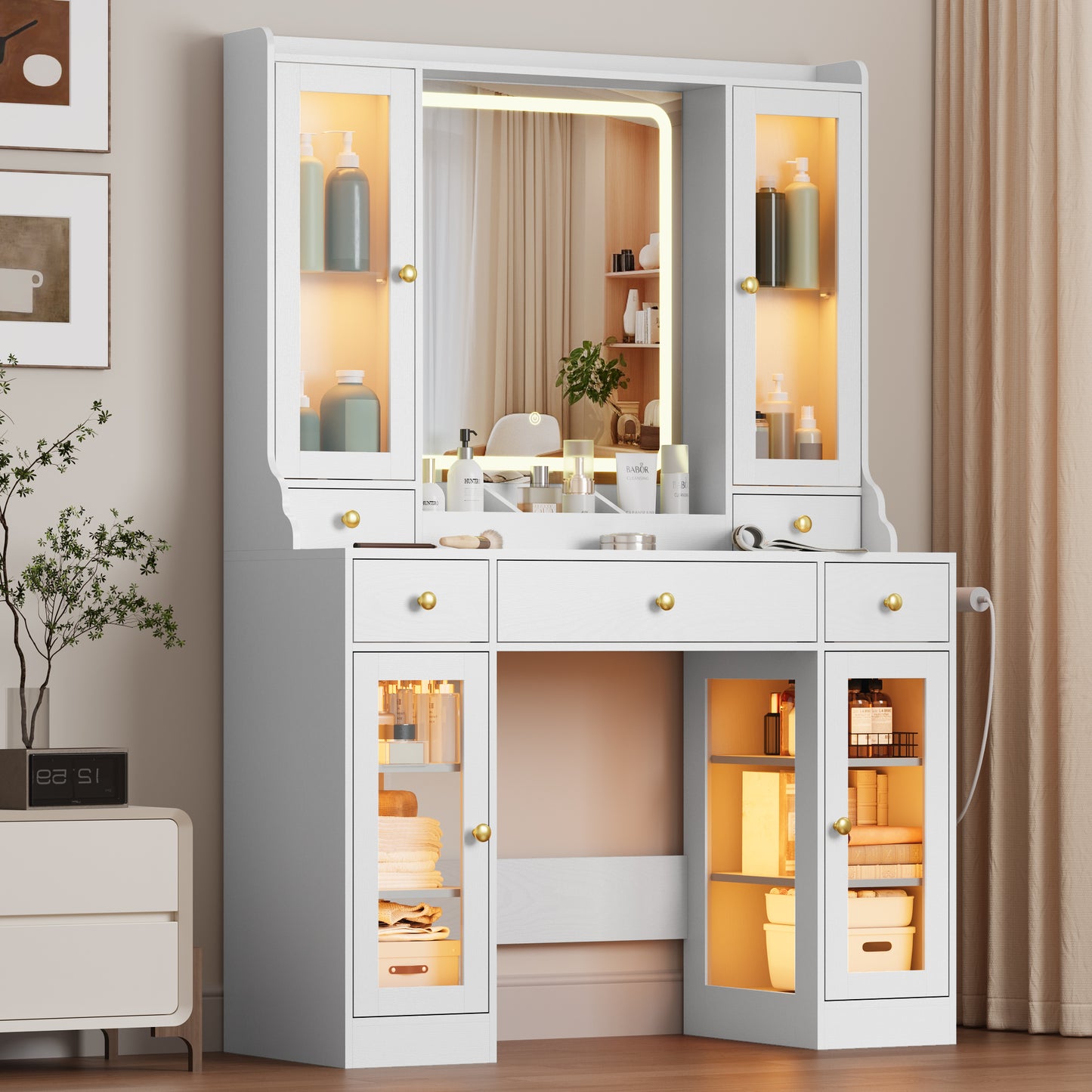 BORNOON Vanity Desk with Mirror and Lights, White Makeup Vanity with Glass Top & Drawers, 3 Lighting Modes, Power Outlet, RGB Glass Cabinets, Modern Dressing Table for Girls, Women, Teens