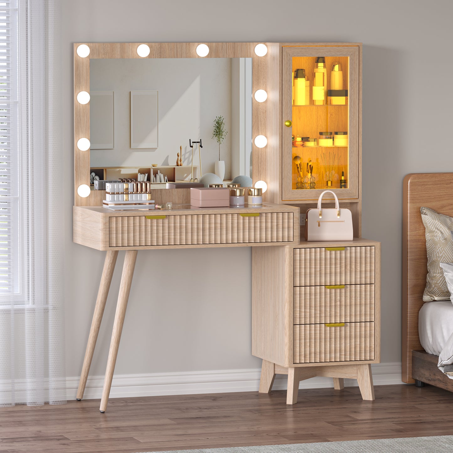 BORNOON 45” Fluted Makeup Vanity Desk with Mirror and Lights, Glass Top Dressing Table with 5 Drawers, LED Lighted Adjustable Cabinet, Trays & Charging Station for Bedroom Dressing Room