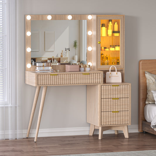 BORNOON 45” Fluted Makeup Vanity Desk with Mirror and Lights, Glass Top Dressing Table with 5 Drawers, LED Lighted Adjustable Cabinet, Trays & Charging Station for Bedroom Dressing Room