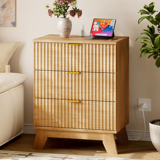 BORNOON Fluted Night Stand with 3 Drawers, Rounded Edge Bedside Table Dresser with Gold Handles, End Side Table Storage Cabinet for Bedroom