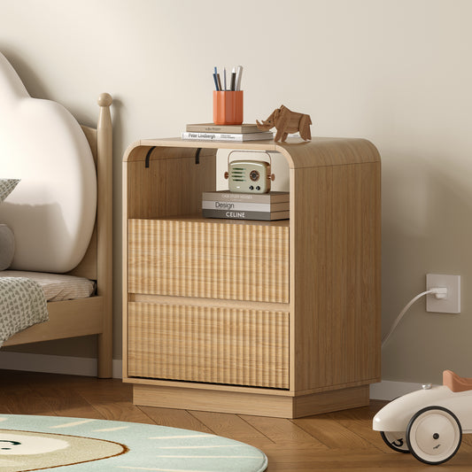 BORNOON Nightstand with Charging Station, Fluted Bedside Table with Round Curved Corner, Hidden Handles, 2 AC Outlets and 2 USB Ports, Modern Wood End Table with Open Shelf for Bedroom