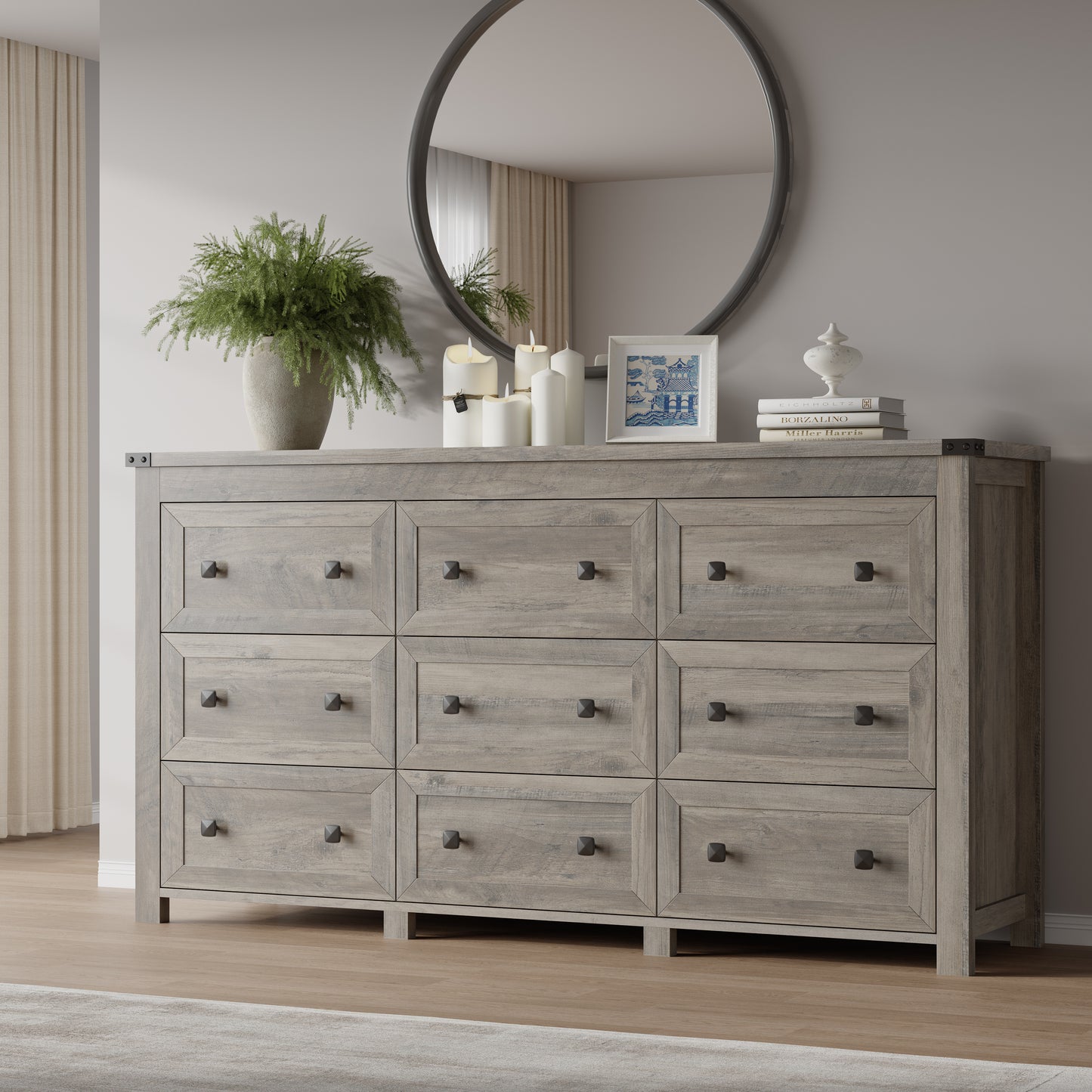 BORNOON 9-Drawer Dresser, Modern Wooden Storage Chest of Drawers, Dresser TV Stand, Wood Drawer Organizer with Metal Handles for Bedroom, Living Room, Hallway