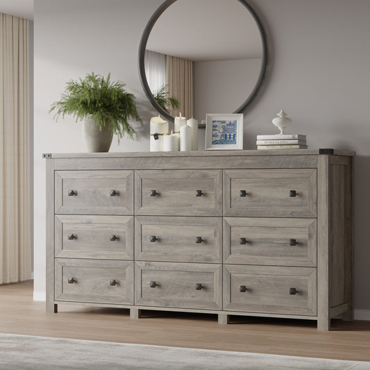 BORNOON 9-Drawer Dresser, Modern Wooden Storage Chest of Drawers, Dresser TV Stand, Wood Drawer Organizer with Metal Handles for Bedroom, Living Room, Hallway