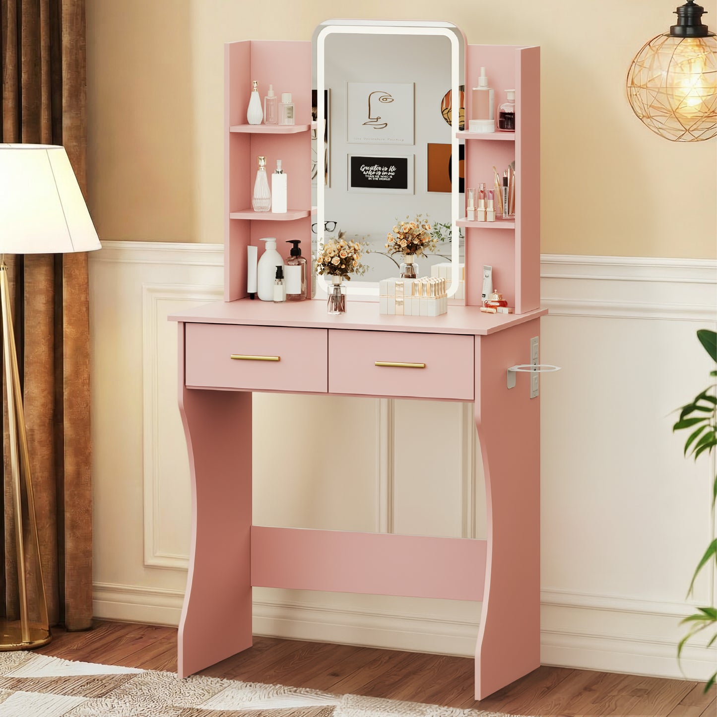BORNOON Vanity Desk with Mirror and Lights, Small Makeup Vanity Desk with Charging Station, Bedroom Vanity Table with Drawers, Storage Shelves, RGB Ambient Light and Hair Dryer Holder
