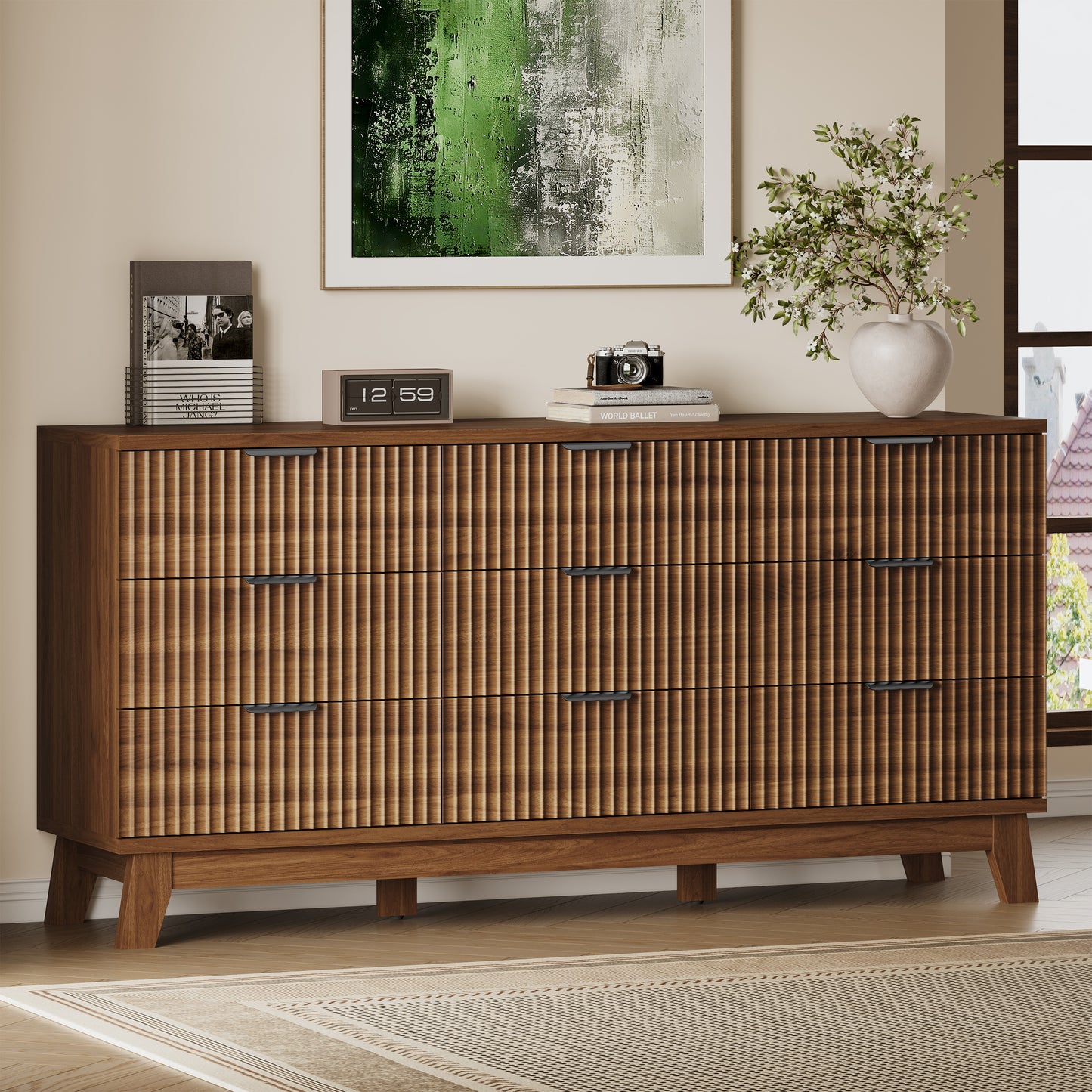 BORNOON 63" Long Dresser for Bedroom, 9-Drawer Fluted Dresser, Extra-Wide Wood Chest of Drawers with Smooth Metal Slides, Stable Base, Modern Clothes Storage Cabinet for Living Room, Hallway, Nursery